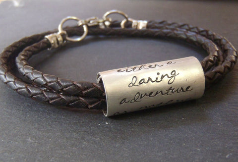 Personalized women's or men's leather bracelet with custom message or inpirational quote - Drake Designs Jewelry
