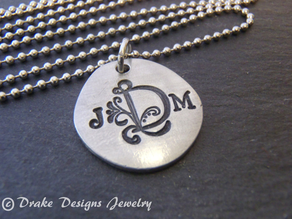 Three initial monogram necklace hand stamped personalized gift for her 3 initial - Drake Designs Jewelry