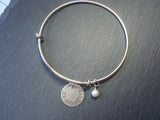 Roman Numeral bracelet with personalized hand stamped date or name and a pearl charm - Drake Designs Jewelry