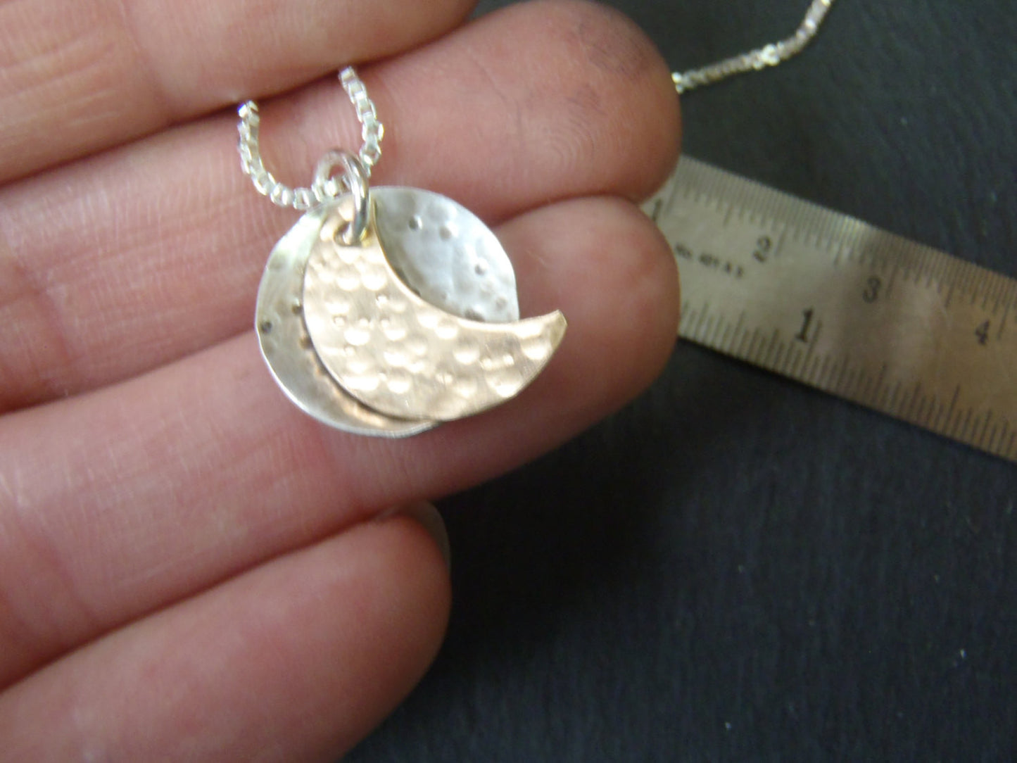 silver and gold fill moon necklace. full and crescent moon phase necklace - Drake Designs Jewelry