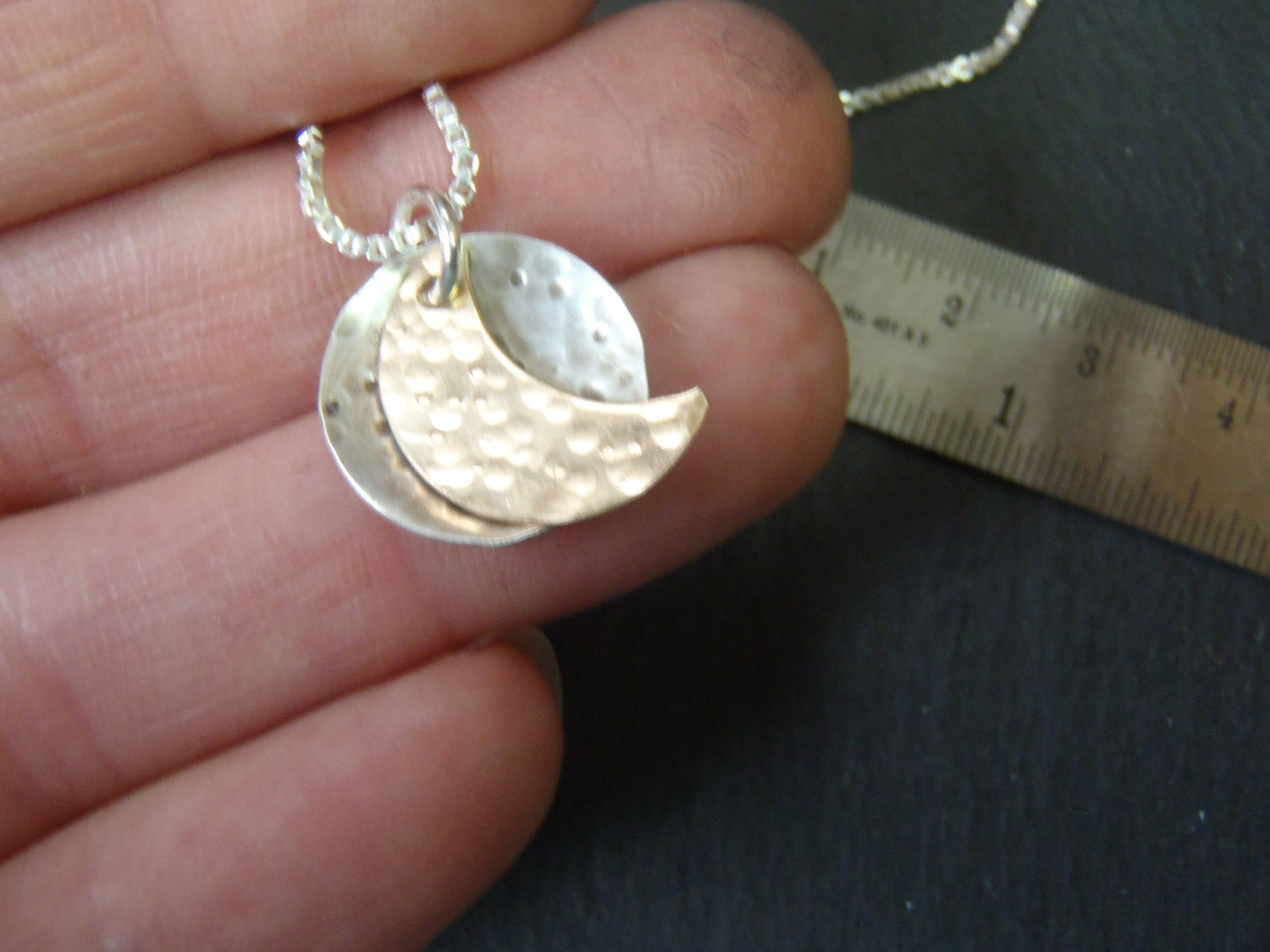 silver and gold fill moon necklace. full and crescent moon phase necklace - Drake Designs Jewelry