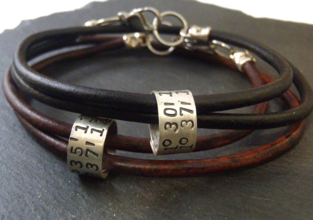 Personalized leather bracelet for men or women with custom coordinates - Drake Designs Jewelry