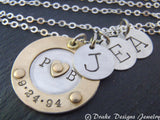 Family initial necklace for mom with kids' initial charms and anniversary date - Drake Designs Jewelry