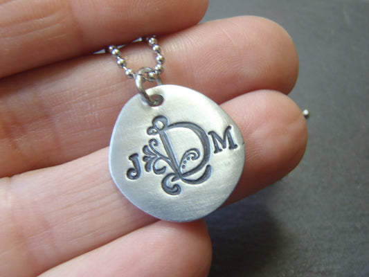 Three initial monogram necklace hand stamped personalized gift for her 3 initial - Drake Designs Jewelry