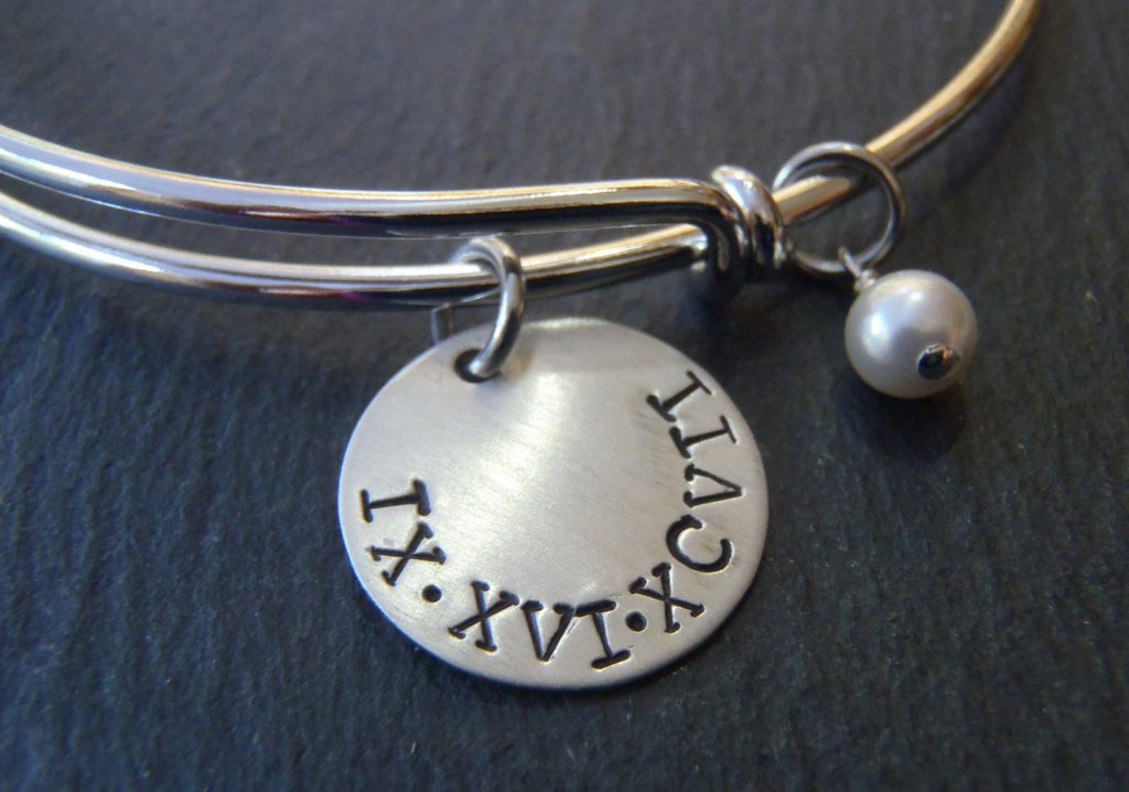 Roman Numeral bracelet with personalized hand stamped date or name and a pearl charm - Drake Designs Jewelry