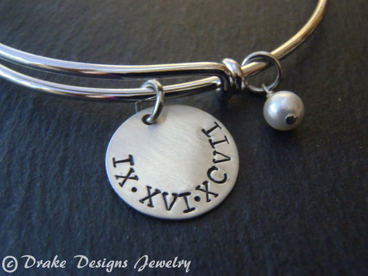 Roman Numeral bracelet with personalized hand stamped date or name and a pearl charm - Drake Designs Jewelry