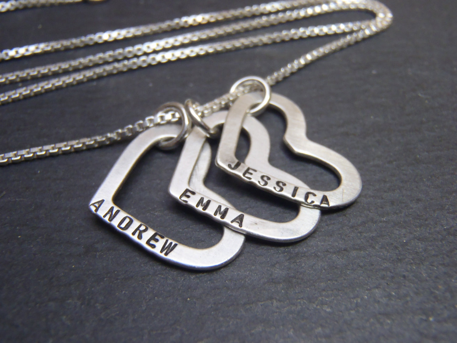 sterling silver mothers heart necklace personalized with custom names necklace heart charms with childrens names - Drake Designs Jewelry