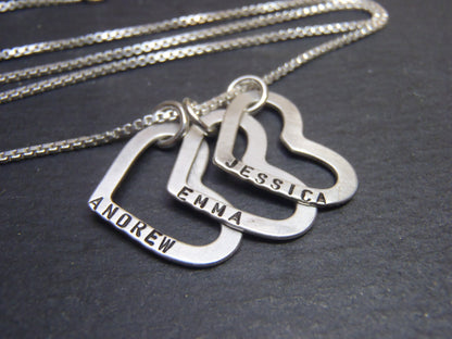 sterling silver mothers heart necklace personalized with custom names necklace heart charms with childrens names - Drake Designs Jewelry