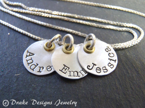 Mixed metal mom necklace with kids names in sterling silver and golden brass - Drake Designs Jewelry