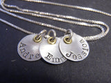 Mixed metal mom necklace with kids names in sterling silver and golden brass - Drake Designs Jewelry