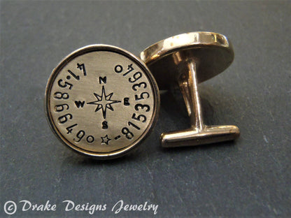 Personalized Cufflinks golden bronze with latitude longitude coordinates - Drake Designs Jewelry