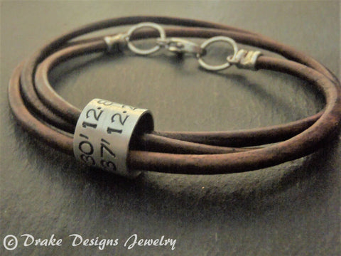 latitude longitude coordinates leather bracelet for men or women - Drake Designs Jewelry