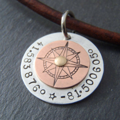 Custom Coordinates Leather Necklace for Men or Women Personalized with Latitude and Longitude on Sterling Silver Pendant - Drake Designs Jewelry
