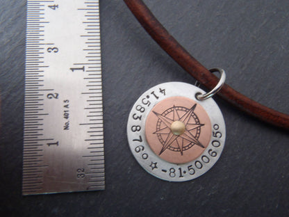 Custom Coordinates Leather Necklace for Men or Women Personalized with Latitude and Longitude on Sterling Silver Pendant - Drake Designs Jewelry
