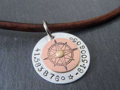 Custom Coordinates Leather Necklace for Men or Women Personalized with Latitude and Longitude on Sterling Silver Pendant - Drake Designs Jewelry