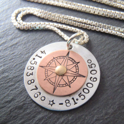 mixed metal custom coordinates compass necklace for women - sterling silver latitude longitude necklace - Drake Designs Jewelry