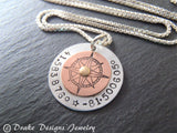 mixed metal custom coordinates compass necklace for women - sterling silver latitude longitude necklace - Drake Designs Jewelry