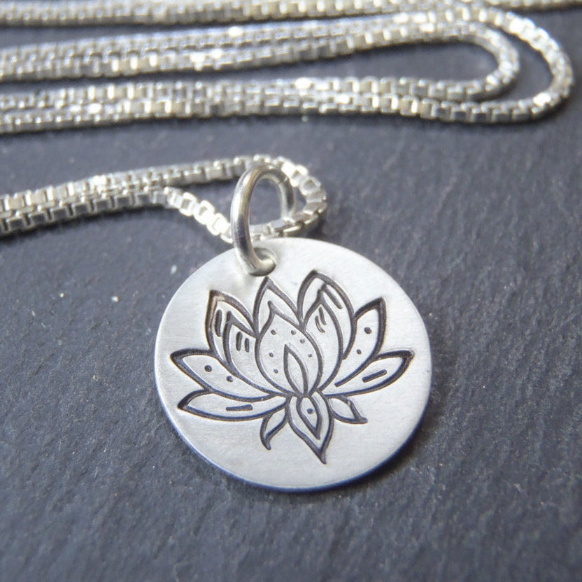 lotus flower necklace sterling silver. yoga jewelry. inspirational water lily gift - Drake Designs Jewelry