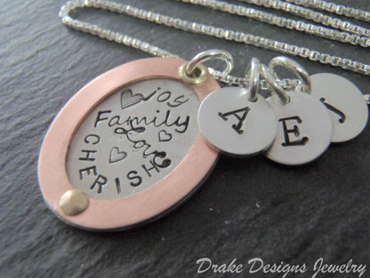 Family Initial Word Collage Necklace - Personalized Gold Rim Oval Pendant - family love cherish joy  - drake designs jewelry