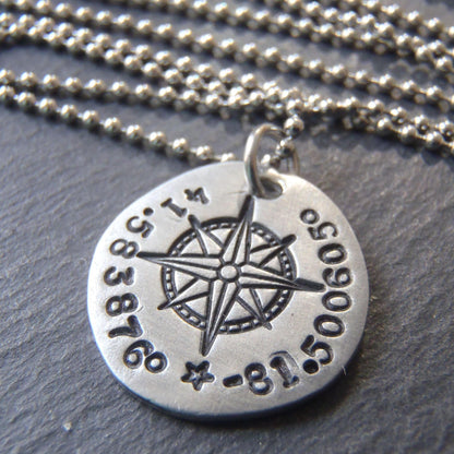 Personalized compass necklace with latitude longitude coordinates - Drake Designs Jewelry