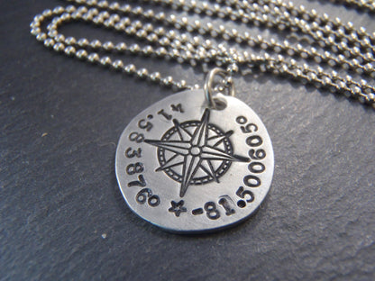 Personalized compass necklace with latitude longitude coordinates - Drake Designs Jewelry
