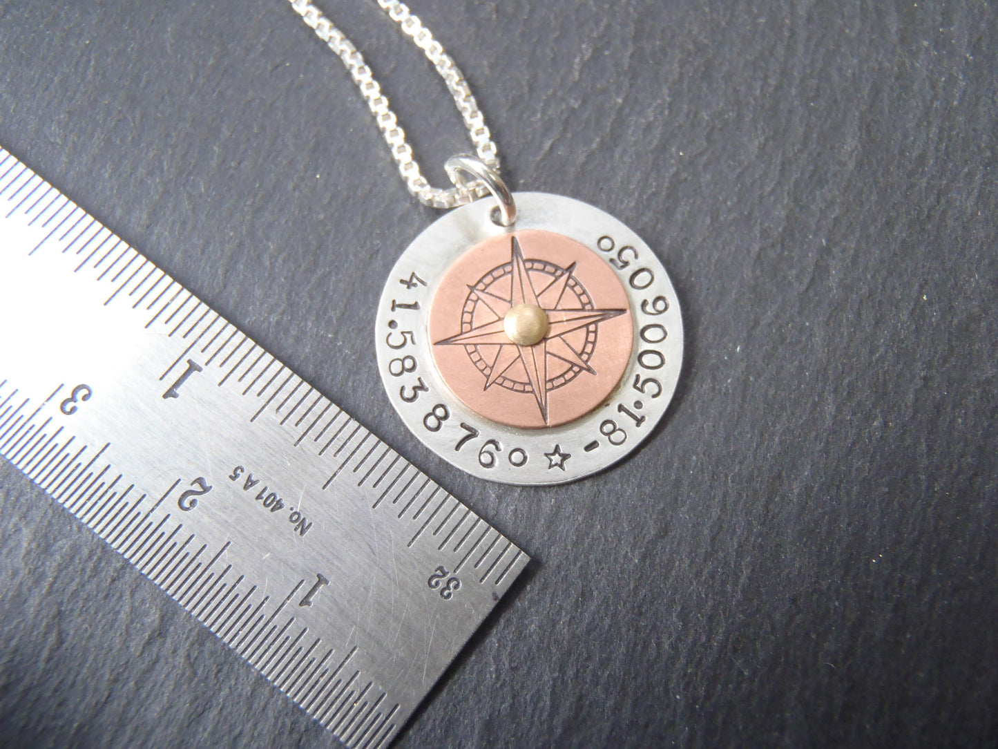 mixed metal custom coordinates compass necklace for women - sterling silver latitude longitude necklace - Drake Designs Jewelry