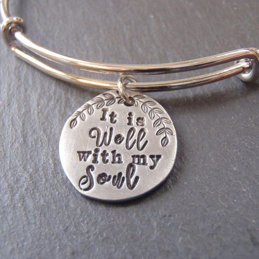 It is well with my soul jewelry adjustable bangle bracelet Inspirational gift for her - Drake Designs Jewelry