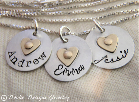 Sterling silver mom necklace with kids names and golden brass heart - Drake Designs Jewelry