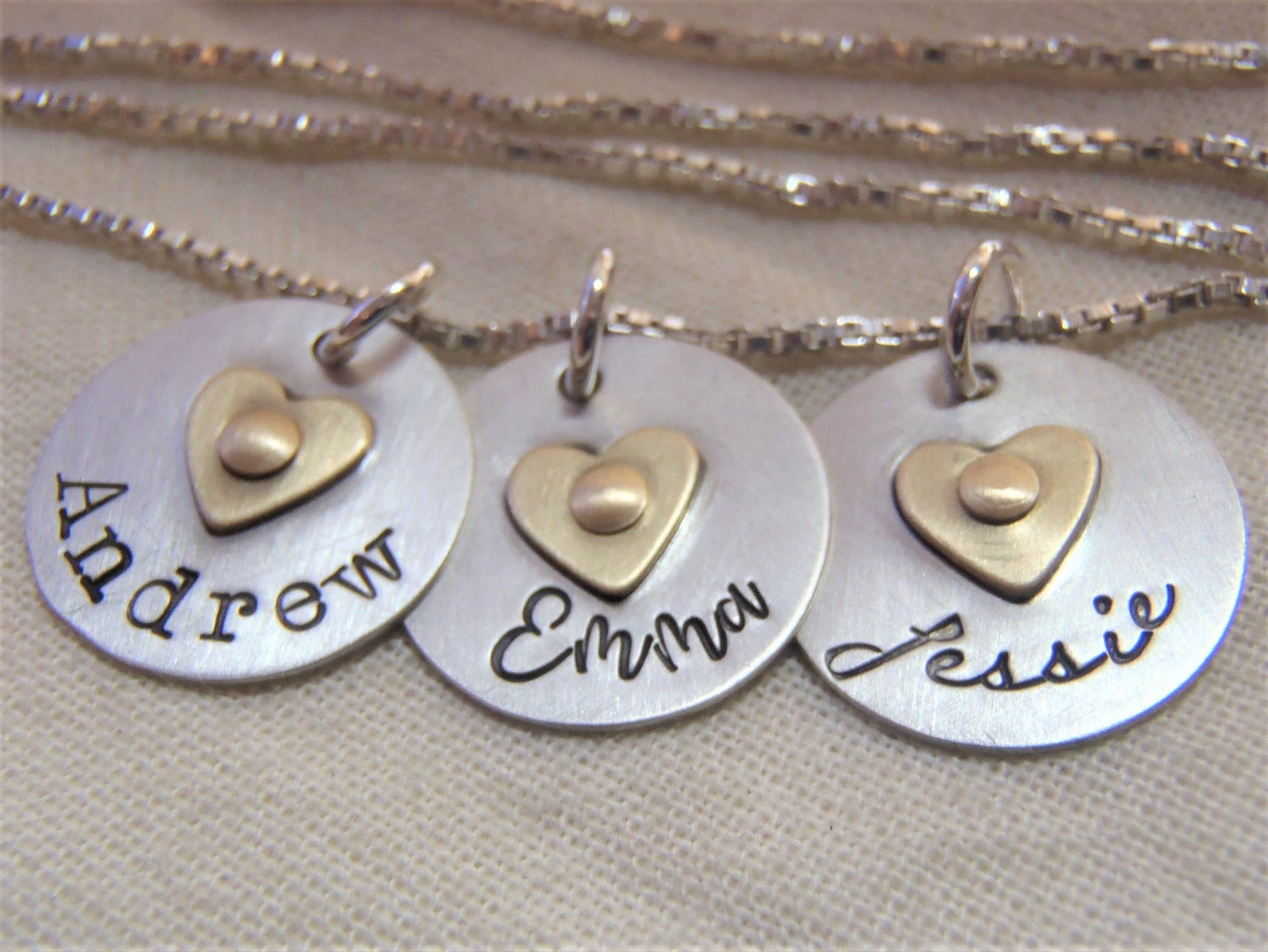 Sterling silver mom necklace with kids names and golden brass heart - Drake Designs Jewelry