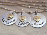 Sterling silver mom necklace with kids names and golden brass heart - Drake Designs Jewelry