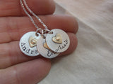 Sterling silver mom necklace with kids names and golden brass heart - Drake Designs Jewelry
