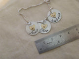 Sterling silver mom necklace with kids names and golden brass heart - Drake Designs Jewelry