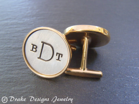 Copy of zzzMens Personalized cuff links golden bronze and sterling silver custom hand stamped rimmed Monogram cufflinks. AnniversaryHusband gift - Drake Designs Jewelry