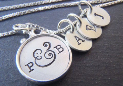 Family necklace for mom personalized with initials. Sterling silver rimmed edge pendant - Drake Designs Jewelry