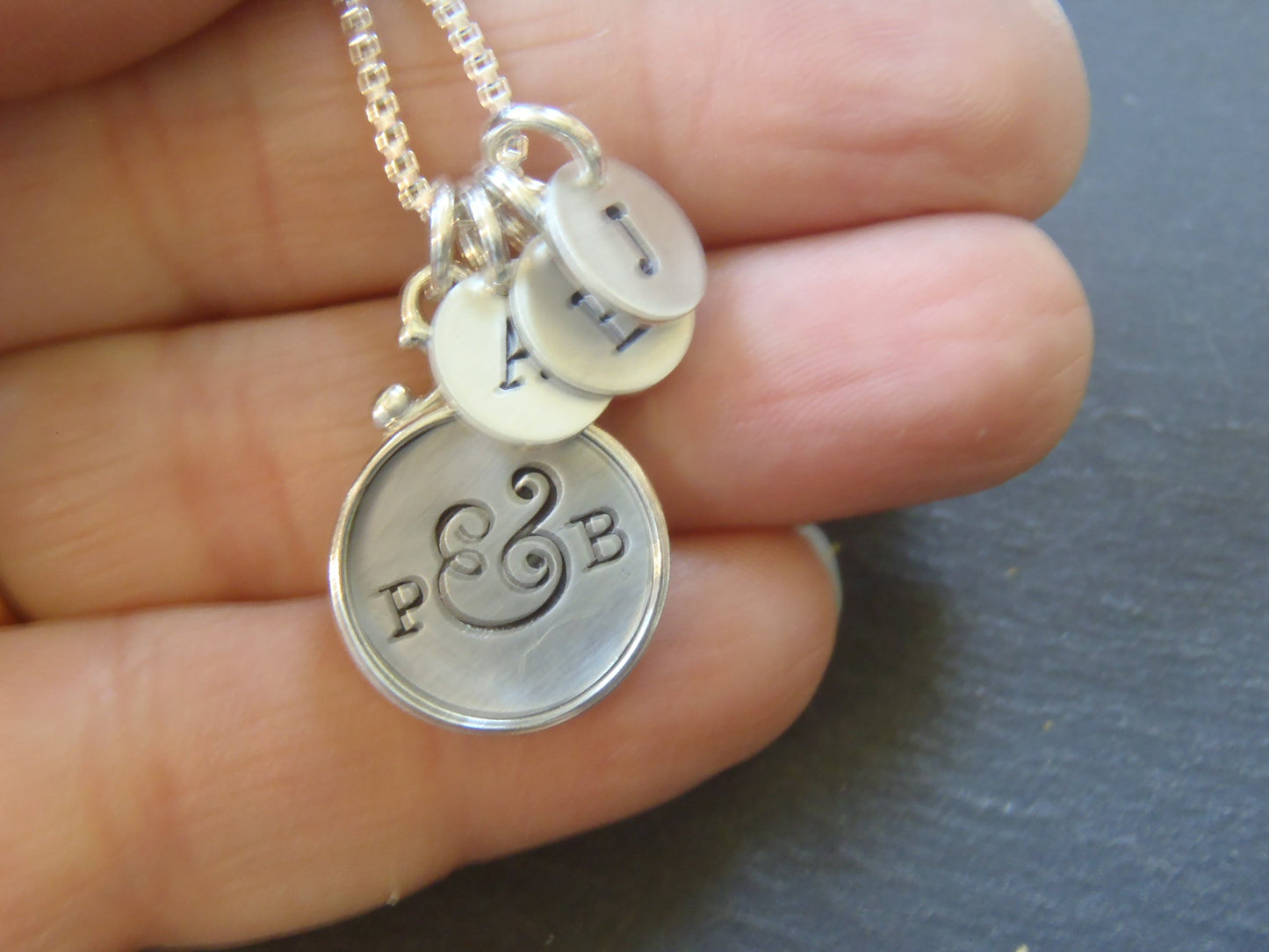 Family necklace for mom personalized with initials. Sterling silver rimmed edge pendant - Drake Designs Jewelry