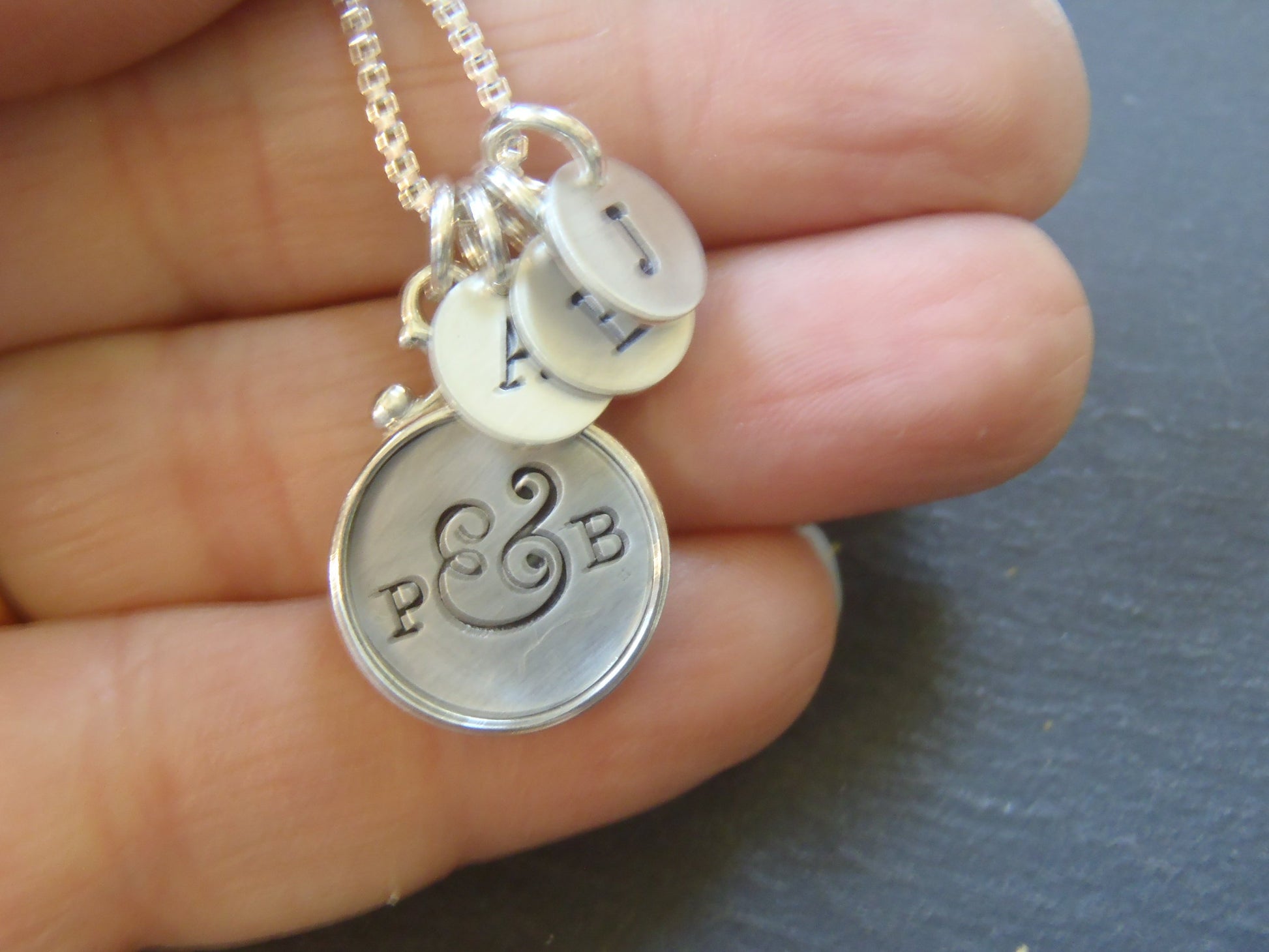 Family necklace for mom personalized with initials. Sterling silver rimmed edge pendant - Drake Designs Jewelry