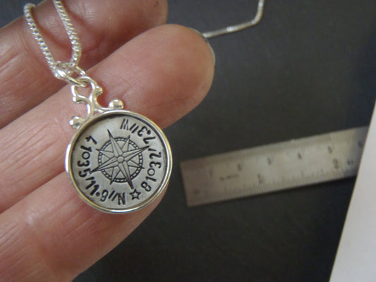 Rimmed Sterling Silver Custom coordinates compass necklace - Drake Designs Jewelry