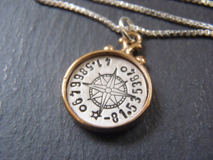 Golden bronze and sterling silver latitude longitude coordinates necklace bronze and sterling silver with raised edge - Drake Designs Jewelry