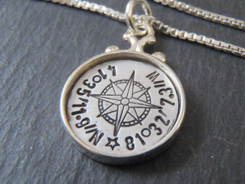 Rimmed Sterling Silver Custom coordinates compass necklace - Drake Designs Jewelry