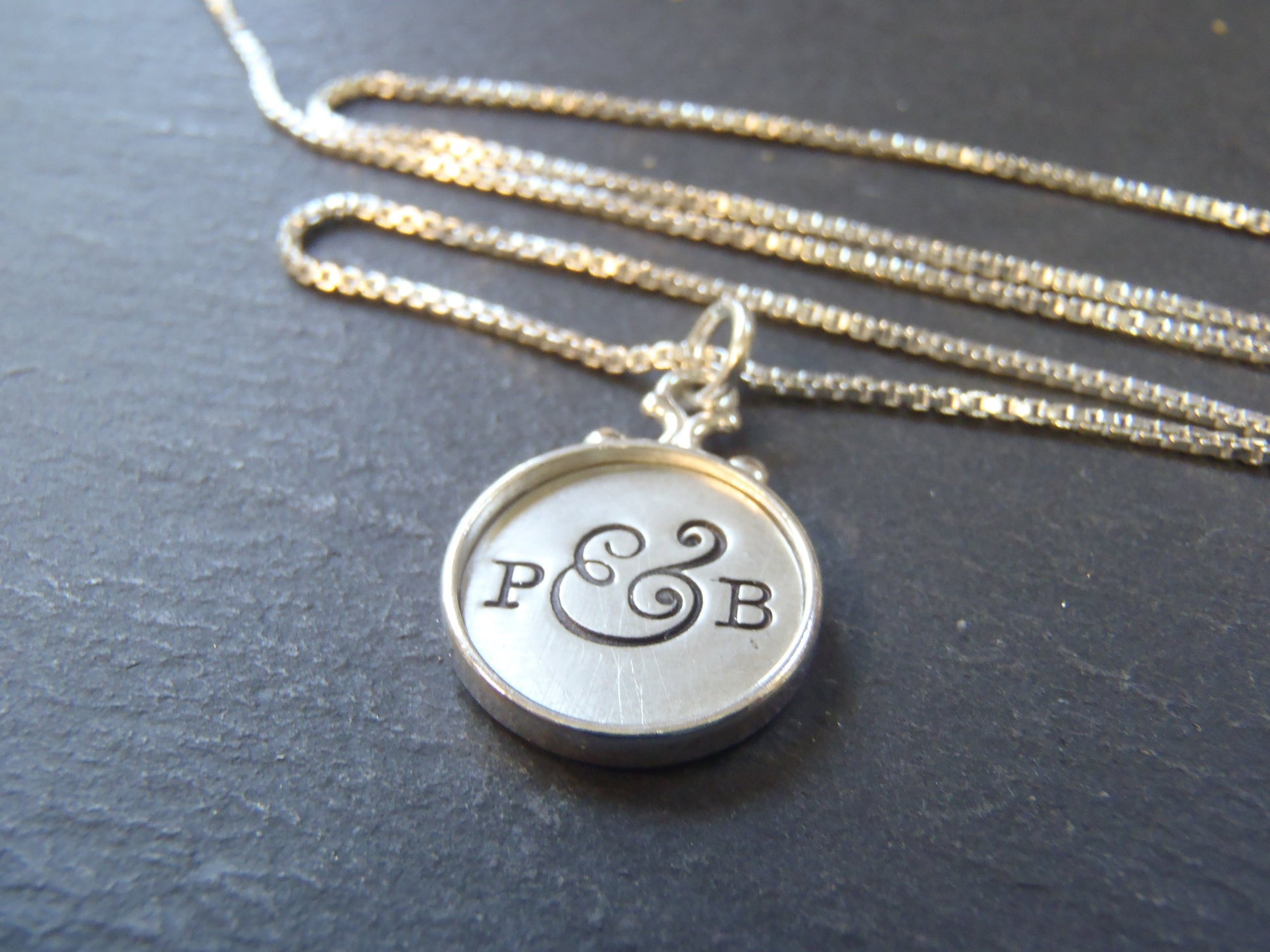 Family necklace for mom personalized with initials. Sterling silver rimmed edge pendant - Drake Designs Jewelry
