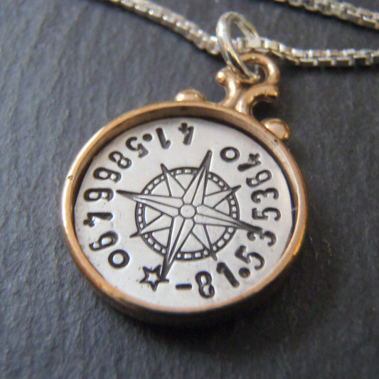 Golden bronze and sterling silver latitude longitude coordinates necklace bronze and sterling silver with raised edge - Drake Designs Jewelry