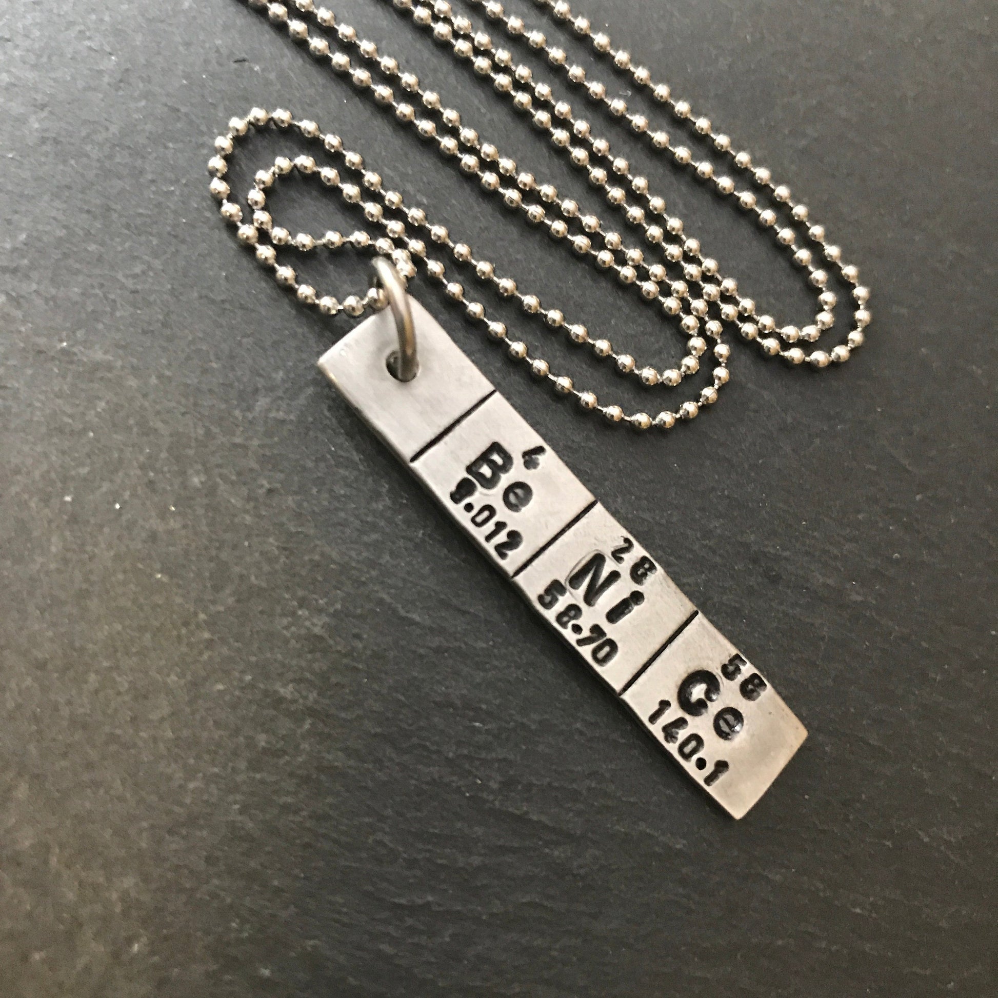 Be NiCe periodic table chemistry gift. hand stamped science necklace geekery gifts - Drake Designs Jewelry