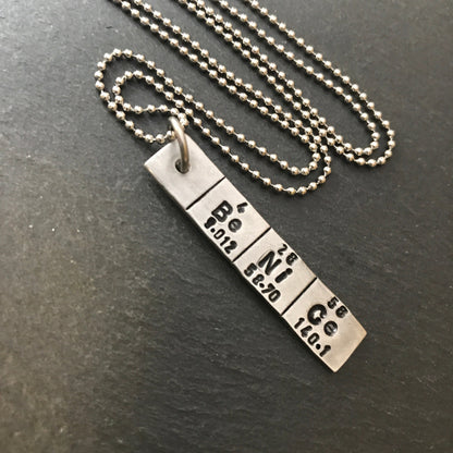 Be NiCe periodic table chemistry gift. hand stamped science necklace geekery gifts - Drake Designs Jewelry