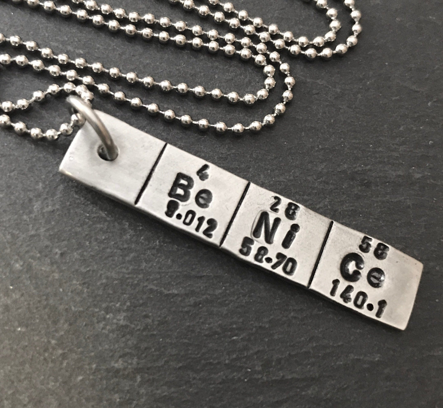 Be NiCe periodic table chemistry gift. hand stamped science necklace geekery gifts - Drake Designs Jewelry