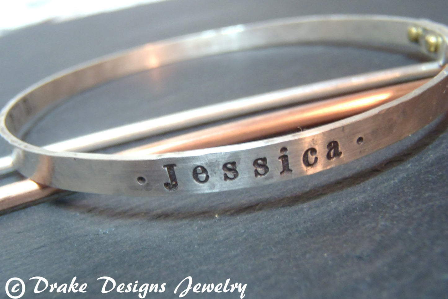 Sterling Silver Bangle Bracelet with Golden brass Rivets- Personalized for Mom - drake designs jewelry