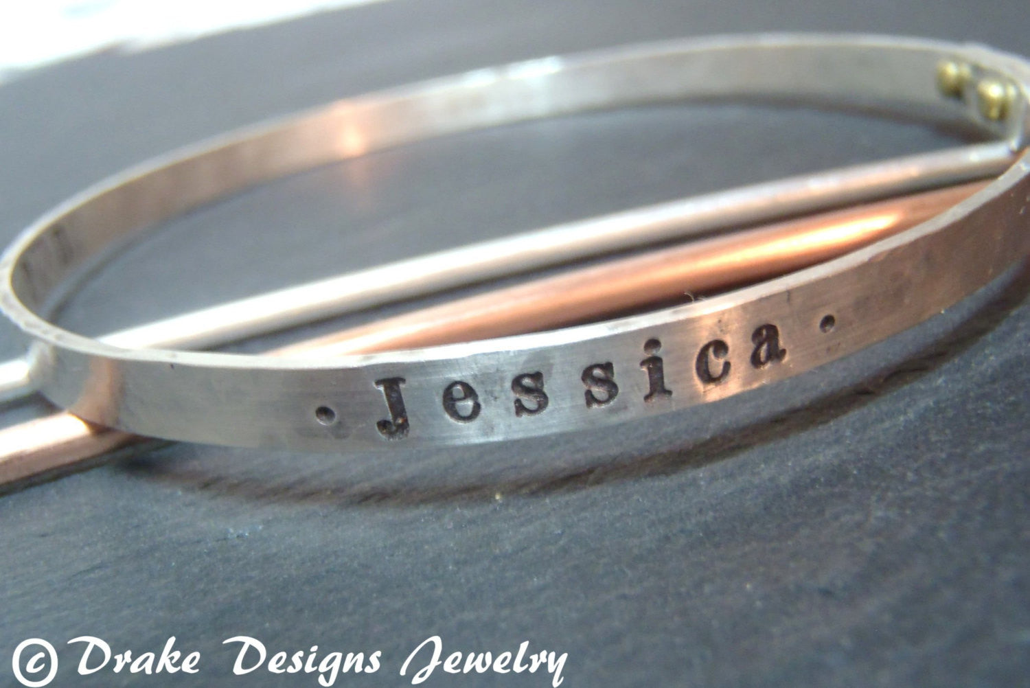 Sterling Silver Bangle Bracelet with Golden brass Rivets- Personalized for Mom - drake designs jewelry