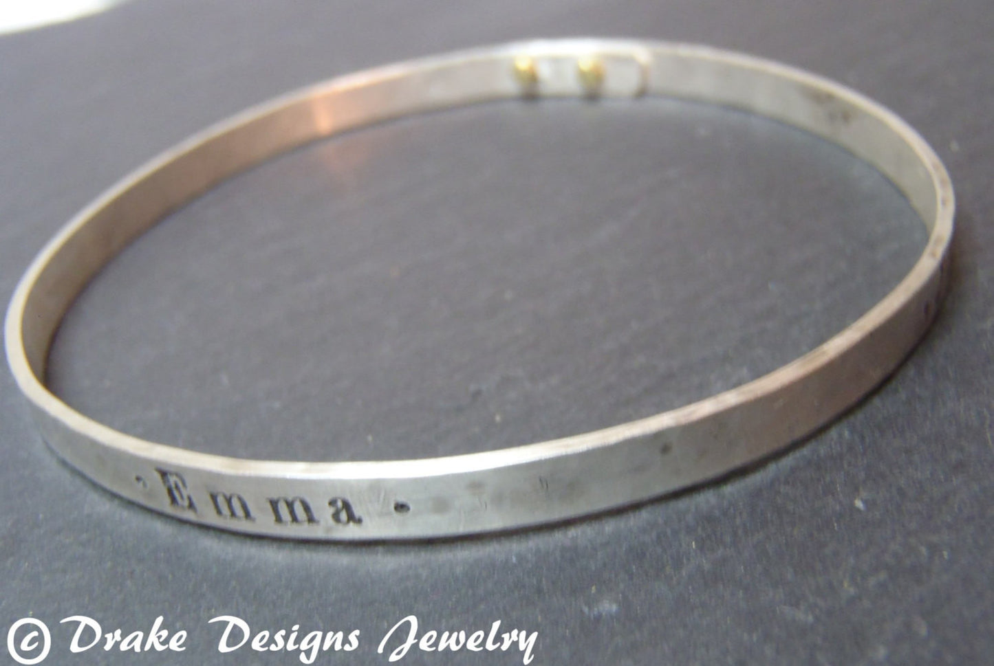 Sterling Silver Bangle Bracelet with Golden brass Rivets- Personalized for Mom - drake designs jewelry