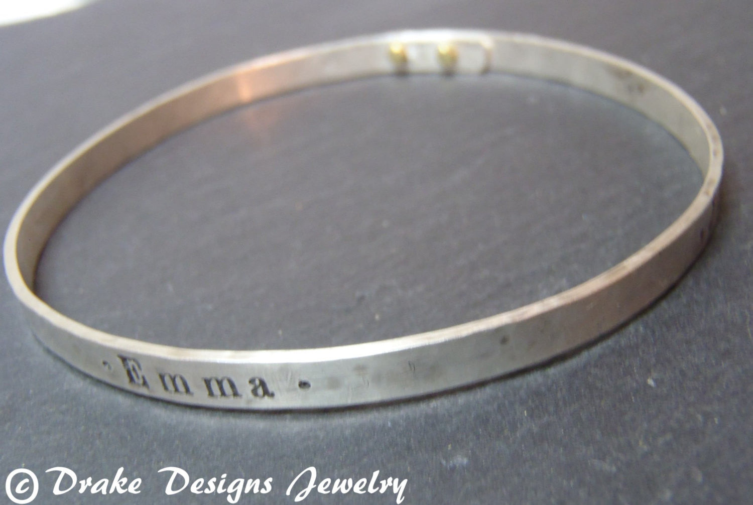 Sterling Silver Bangle Bracelet with Golden brass Rivets- Personalized for Mom - drake designs jewelry