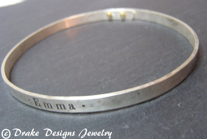 Sterling Silver Bangle Bracelet with Golden brass Rivets- Personalized for Mom - drake designs jewelry