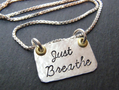 Just Breathe necklace hammered sterling silver with mixed metals - Drake Designs Jewelry